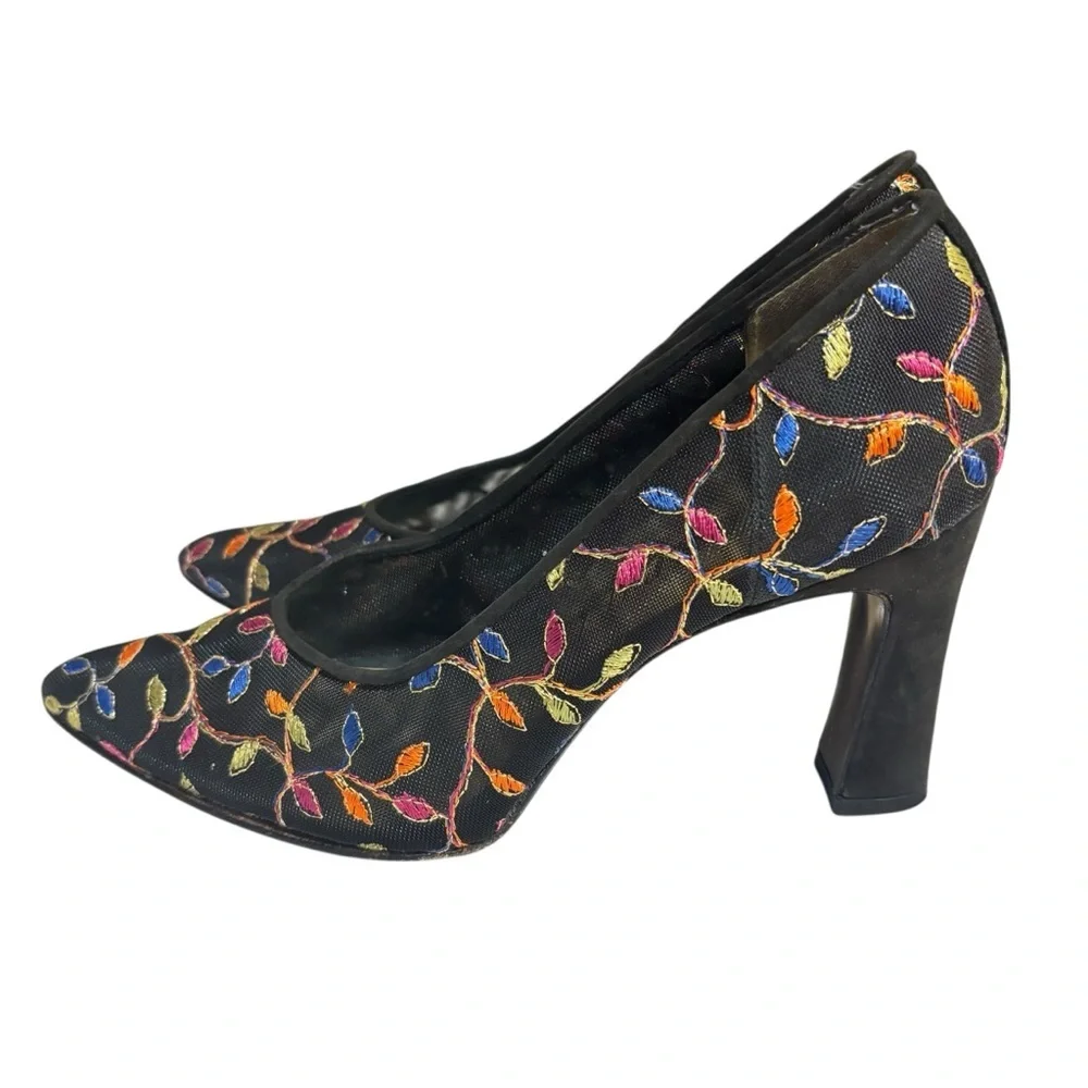 Delman heels black pointy toe mesh embroidered multicolor vines pumps size 6